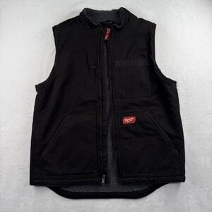 Milwaukee Vest Mens Large Black Sherpa Lined Canvas Workwear Zip Pockets Tool